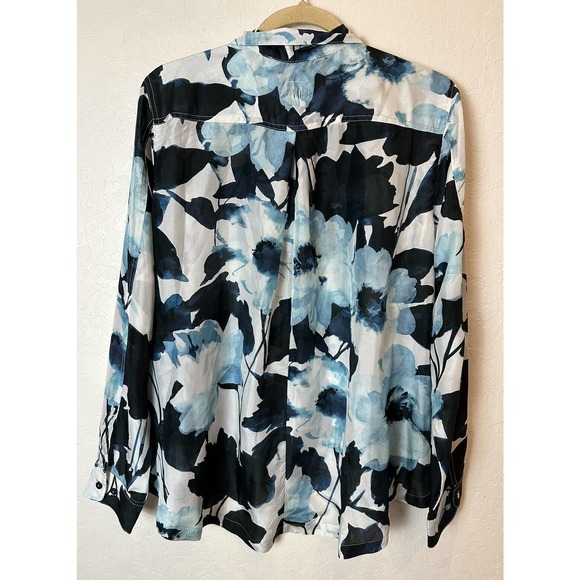 NWT Hannes Roether Long Sleeve 100% Silk Blue White Floral Blouse $485 (LARGE) - Picture 2 of 5
